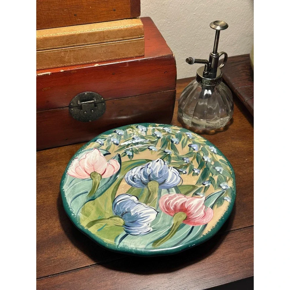 Vintage Lesal Ceramics Lisa Lindberg Hand-Painted Floral Plate Decorative Dish